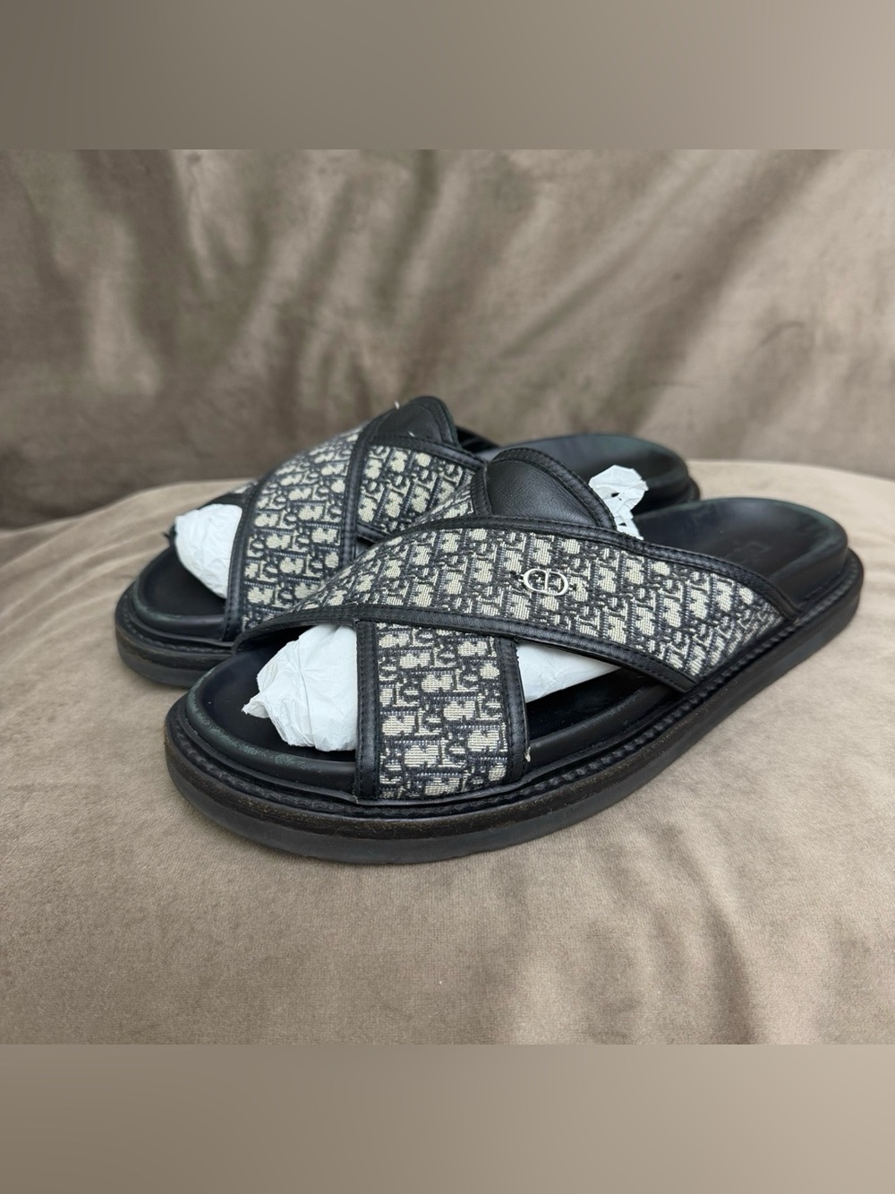 Dior Men's Black and Gray Oblique Canvas Cross-Strap Sandals